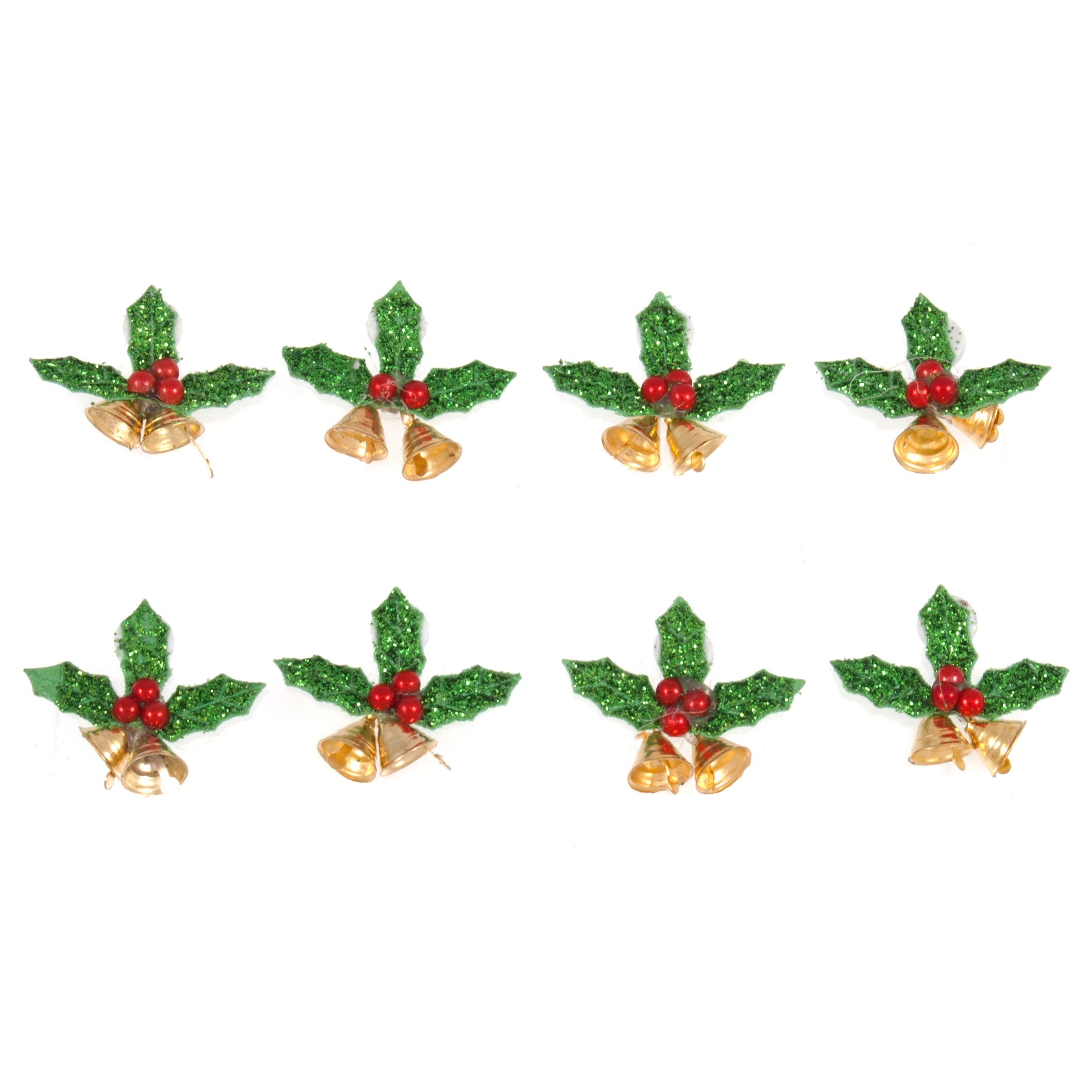 Christmas Craft Embellishments: Mini Holly with Bells Toppers - 8pk