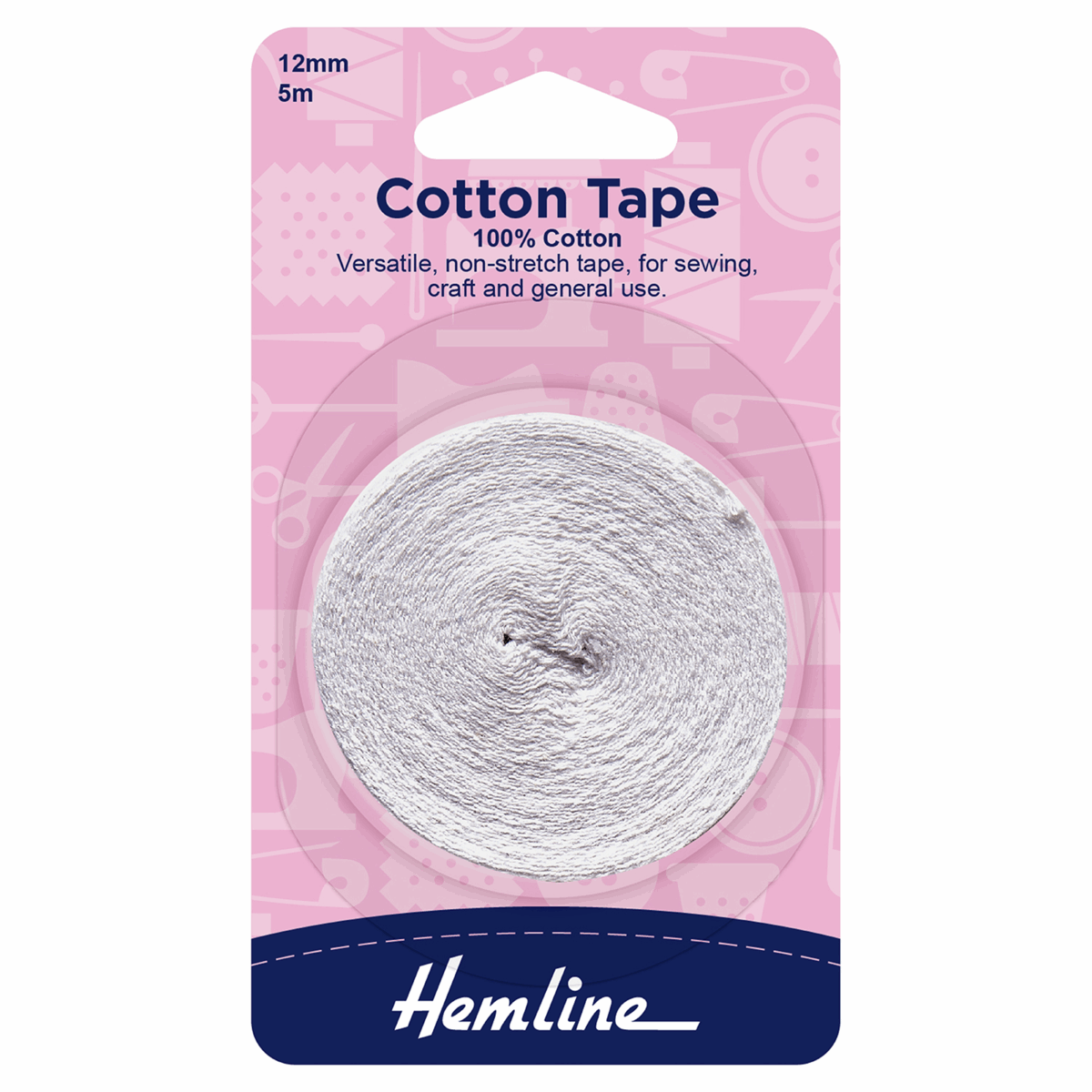 Hemline Cotton Tape: White - 5m x 12mm