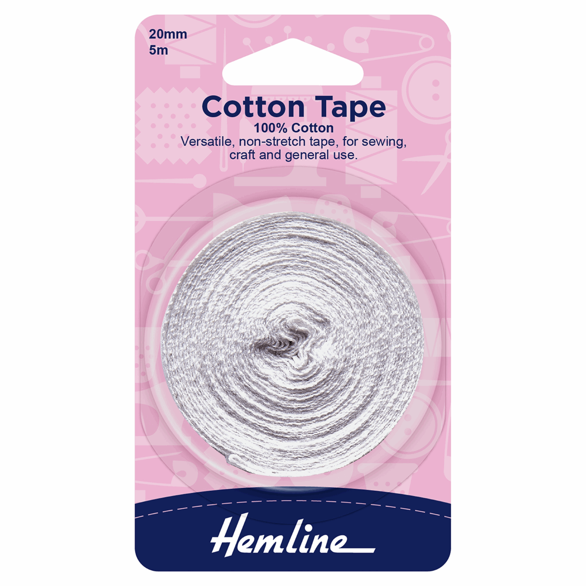 Hemline Cotton Tape: White - 5m x 20mm