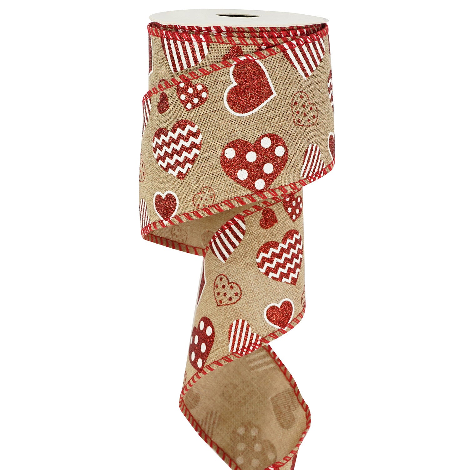 Wired Hessian Ribbon: Glitter Hearts - 63mm