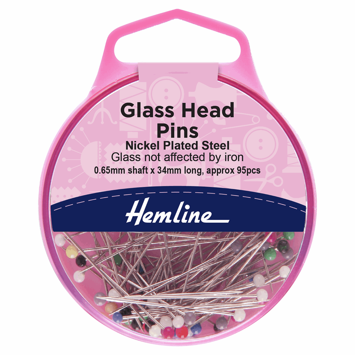 Hemline Glass Head Pins: Nickel 34mm - 95pcs