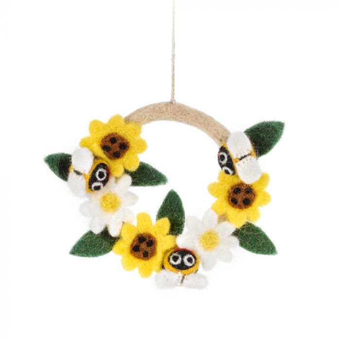 Handmade Needle Felt Mini Spring Bee Wreath Hanging Decoration