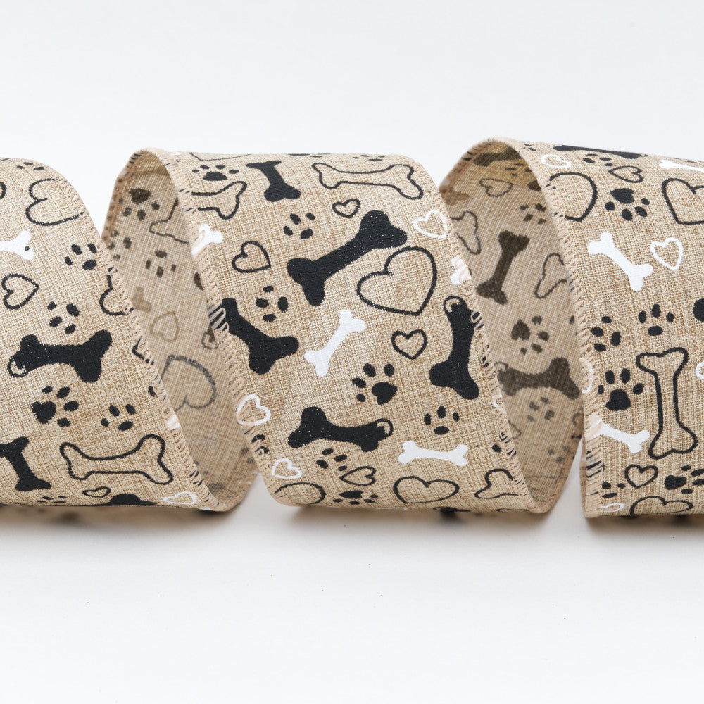 Wired Hessian Ribbon: Paws & Bones - 63mm