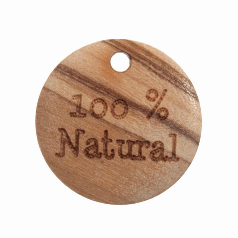 Wooden '100% Natural' Button Tag: 18mm | Buy Online from The Home Crafters